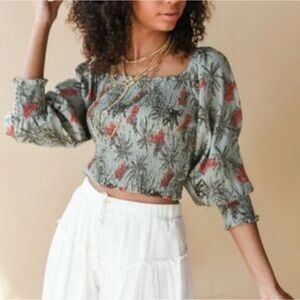 Anthropologie bishop + young Elsa Sage Green Tropical Palm Smock Blouse NWT S